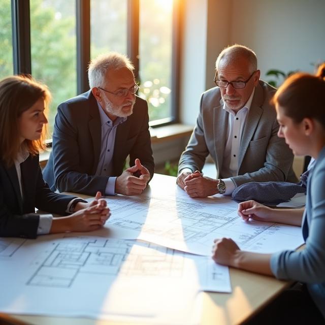 Advisors discussing an architectural blueprint in a sunlit studio