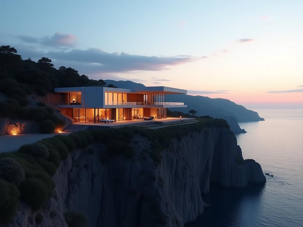 Panoramic view of a modern cliffside villa at dusk